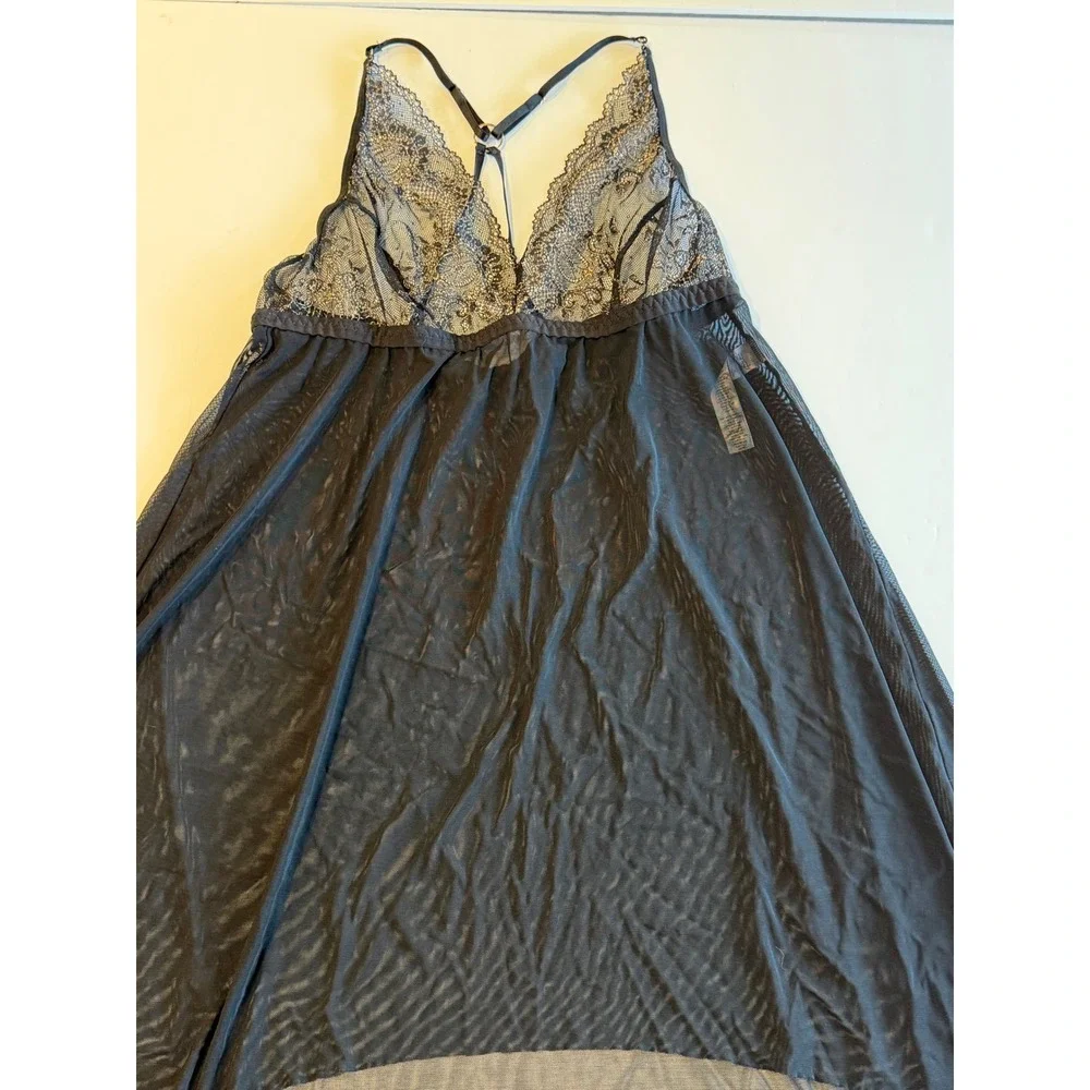 Hanky Panky Black Mesh Lace Babydoll Chemise Gold Metallic High Low Lingerie L L